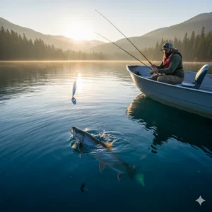 Illustration of trolling with a small, lightweight fishing spoon behind a boat in a deep lake for large trout.