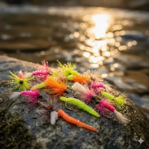 A vibrant assortment of egg and attractor flies, often considered some of the best flies for trout fishing in high water.