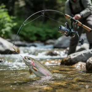 A beautiful rainbow trout being reeled in using a specialized trout fishing combo, showing the rod's perfect bend and the line's tension as the fish fights.