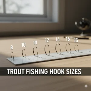 A visual chart illustrating the different sizes of trout fishing hooks, from size 8 down to size 16, for reference.