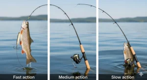 A visual representation of a trout fishing rod bending under load, explaining the different actions like fast, medium, and slow for various fishing conditions.