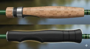 A detailed image of a cork and a foam grip on a trout fishing rod, showcasing the different materials and ergonomic designs.