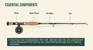 An infographic illustrating the essential components of a trout fishing rod, including the grip, reel seat, guides, and tip.