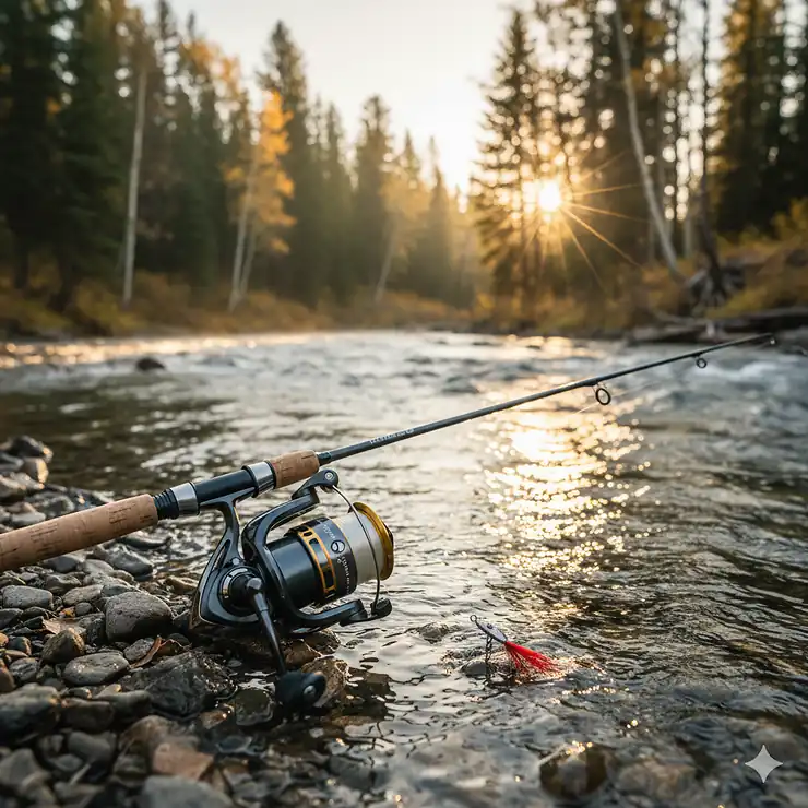 A close-up shot of a spinning rod and reel on the bank of a clear, fast-flowing trout stream, with the morning sun glinting off the water.