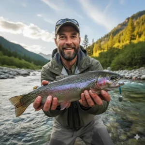Trout fishing success, an angler holding a beautiful rainbow trout caught using a highly effective fishing spoon lure.