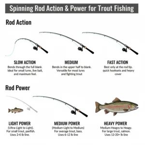 A diagram illustrating the differences between slow, medium, and fast action spinning rods, showing how each bends under pressure to demonstrate its power for fighting trout.