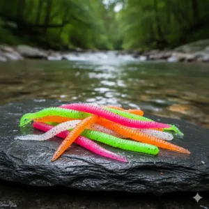 Image showing various colors of scented trout soft plastic lures, such as powerbait worms and grubs.