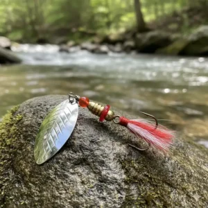 Close-up of brightly colored trout spinner lures with silver blades designed to attract rainbow and brown trout.