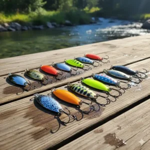 Selection of different fishing spoon colors, including silver, gold, and brass, that are effective for catching trout.