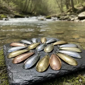 A selection of classic concave trout spoon lures in various metallic finishes and patterns.