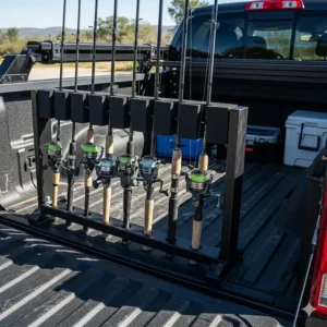 A truck bed fishing rod rack is installed in the back of a pickup truck, holding rods upright and out of the way of other gear.