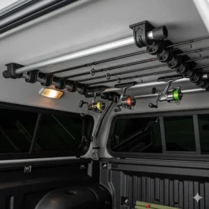 A fishing rod holder installed inside a truck cap or topper, offering secure and discreet storage for valuable fishing rods.