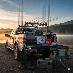 A complete truck setup for fishing, including a fishing rod rack for the truck, tackle boxes, and other gear, ready for a fishing trip.