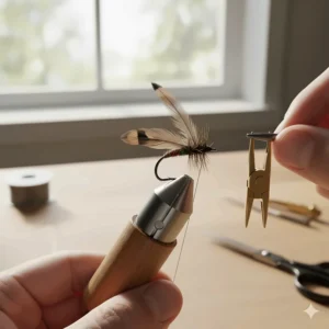 Instructional photo demonstrating the process of tying a small nymph fly onto the shank of a specialized trout fishing hook.