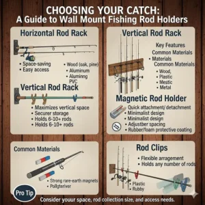 An infographic comparing different types of wall mount fishing pole holders, highlighting key features and materials.