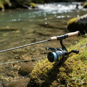An ultralight spinning rod and reel combo designed specifically for catching small to medium-sized trout, highlighting its lightweight construction and sensitive tip.