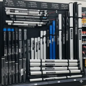 A display of fishing rod storage tubes in various lengths and diameters, showcasing the range of options available for different types of fishing rods, from short spin rods to long surf rods.