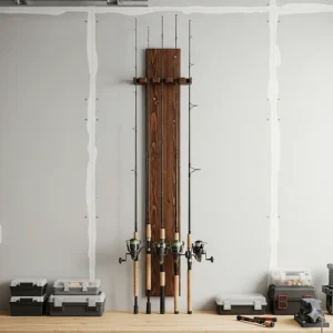 An image demonstrating a vertical wall mount fishing pole holder, saving floor space by storing rods upright.