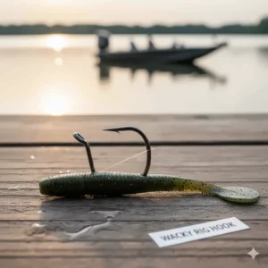 Specialty wacky rig hook often featuring a slight bend and sometimes a weed guard, specifically designed for Texas rigging stick baits like Senkos through the middle.