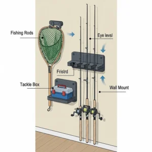 An illustration showing how to use a wall-mounted fishing rod holder to keep fishing equipment like nets and tackle boxes off the floor.