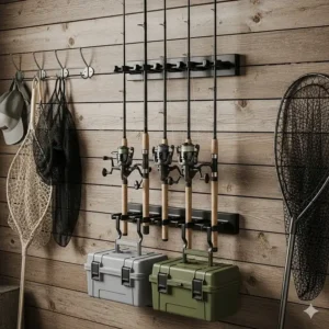 A wall-mounted rack holds fishing rods and a few small tackle boxes, demonstrating a space-saving tackle storage system.