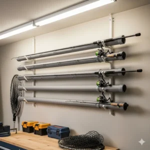 A wall-mounted rack securely holding several fishing rod storage tubes horizontally, highlighting a great space-saving solution for a garage or workshop.