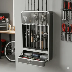 An illustration of a space-saving fishing rod storage box designed to be mounted on a garage or workshop wall, keeping fishing equipment off the floor and easily accessible.