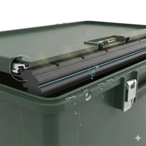 A cross-section illustration of a fishing rod storage box lid showing a thick, airtight rubber gasket, emphasizing its waterproof and dust-proof seal for superior protection.