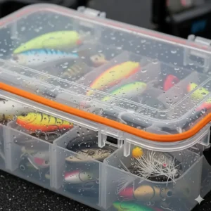 A waterproof plastic lure box with a rubber gasket seal, designed to protect fishing gear from moisture.