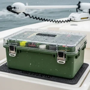 A waterproof tackle box with a tight seal and sturdy latches, protecting fishing equipment from water spray and rain while on a boat.