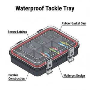 A sturdy, waterproof tackle tray with secure latches, designed to protect valuable fishing gear from water and moisture.