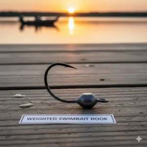 An Extra-Wide Gap (EWG) weighted swimbait hook with an added belly weight and screw-lock keeper to help soft swimbaits sink and maintain proper swimming action.