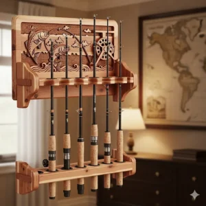 An elegant wooden fishing rod holder handcrafted from cedar wood, highlighting a more decorative and classic storage option.