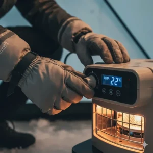 Detailed shot of an ice fisherman's gloved hands carefully adjusting the settings on a modern ice fishing heater.