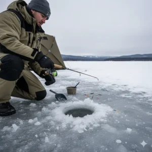 An angler setting the hook while using one of the best ice fishing rods over an ice fishing hole on a frozen lake.