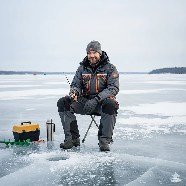 An angler safely seated while ice fishing, protected from the cold in their insulated bibs.
