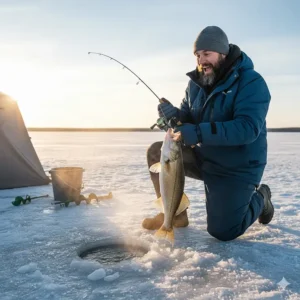 A full shot of an angler happily reeling in a catch while comfortably wearing their full ice fishing gear, including gloves.