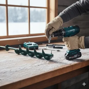 Step-by-step image illustrating the simple assembly of the electric ice fishing auger for drill attachment.