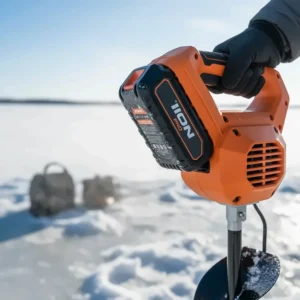 Detachable lithium-ion battery pack being inserted into the head of a Jiffy or Eskimo electric ice auger.