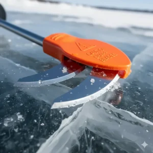 Macro shot of the extremely sharp, stainless steel ice auger blade and protective cover.