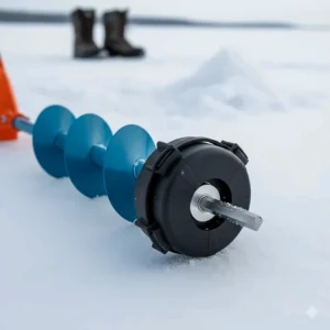 A safety cover or blade protector snapped onto the sharp cutting blades of an electric ice auger for transport.