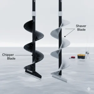 Comparison of different ice auger blade types, including chipper and shaver designs, crucial for efficient cutting.