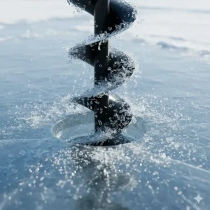 Detailed view of a sharp ice auger blade efficiently cutting a perfectly round hole for winter fishing.