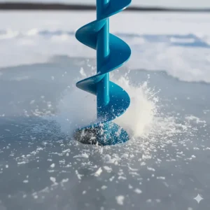 Close-up of the spinning blade of a cordless electric ice auger cutting a clean hole into a frozen lake surface.