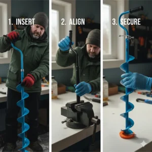 Photo showing the proper setup for attaching an ice auger extension to the handle for deep ice.