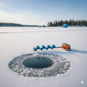 A high-angle shot of a newly drilled fishing hole with an electric ice auger resting nearby on the snow.