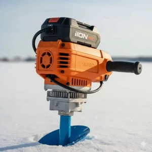 Detailed shot of the brushless electric motor and transmission head of a high-performance electric ice auger.