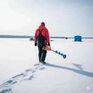 An angler easily carrying their lightweight electric ice auger with a comfortable carrying handle across the ice.