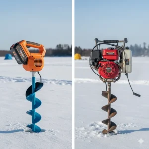 Comparison image showing a lightweight, quiet electric ice auger next to a heavier, louder gas-powered model.