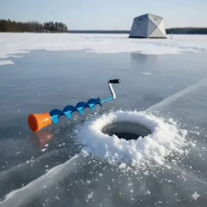 An ideal beginner ice fishing hand auger resting on the ice next to a freshly cut fishing hole.